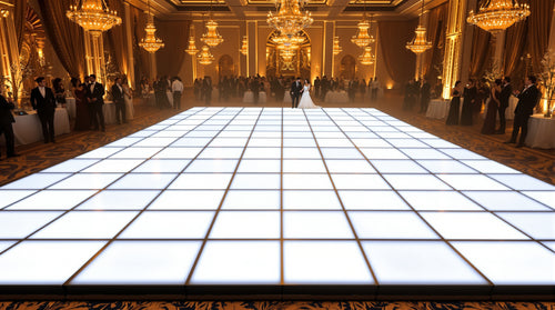 16x16 LED dance floor, 8x8 tile grid of 2ft panels, glowing gold and white in a grand ballroom