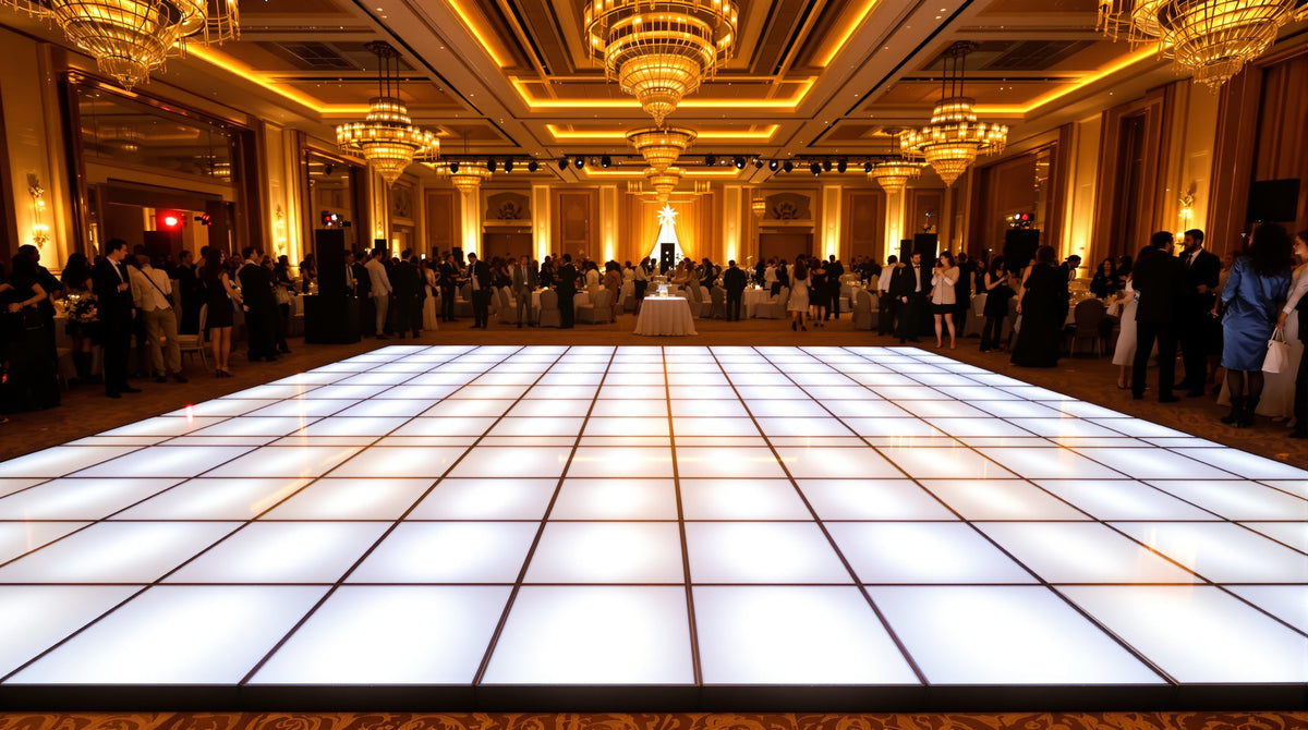 20x20 LED dance floor, 10x10 tile grid of 2ft panels, glowing gold and white at a large gala