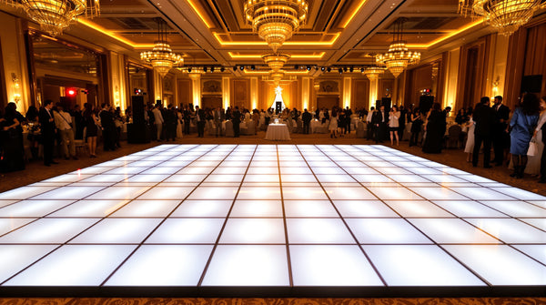 20x20 LED dance floor, 10x10 tile grid of 2ft panels, glowing gold and white at a large gala